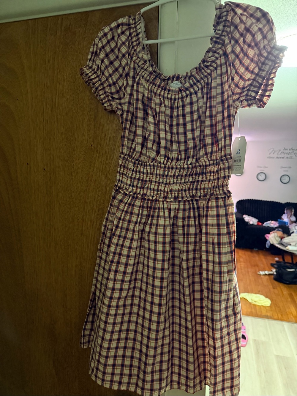 Time and Tru Pink and Cream Plaid Smocked Midi Dress